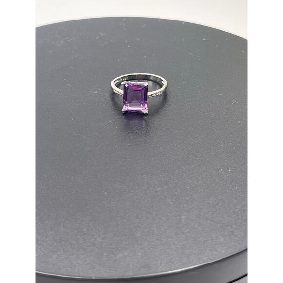 V925 Four Prong Set Emerald Cut Amethyst and Cz Accent Sterling Ring Sz 8.25 - Picture 9 of 10